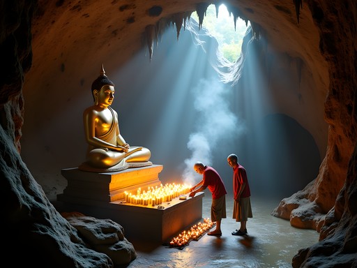 Traditional offerings at cave temple in limestone karst, Vang Vieng