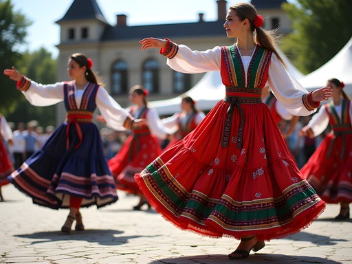 Colorful traditional dancers performing at Varna International Folklore Festival