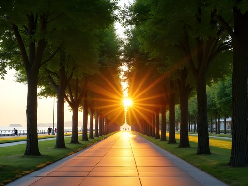 Tree-lined promenade in Varna's Sea Garden park with Black Sea views at sunset