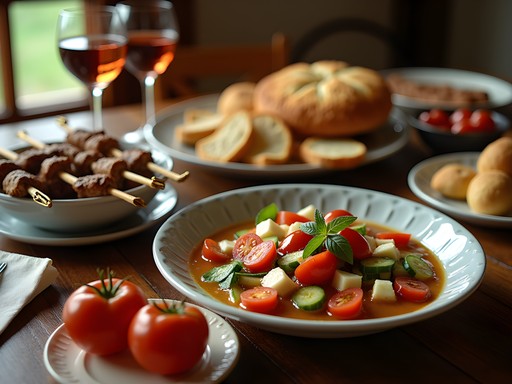 Traditional Bulgarian food spread including shopska salad, grilled meats, and banitsa pastry