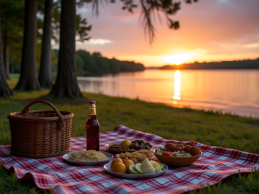 Sunset picnic overlooking cypress swamps at First Landing State Park in Virginia Beach