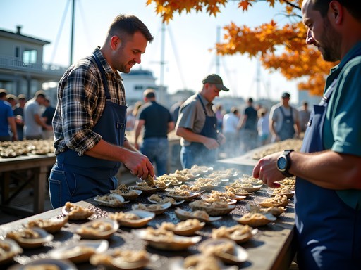Local oyster roast festival with watermen demonstrating traditional harvesting techniques in Virginia Beach