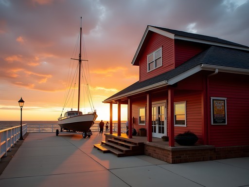 Historic Virginia Beach Surf & Rescue Museum at sunset with lifesaving equipment displayed