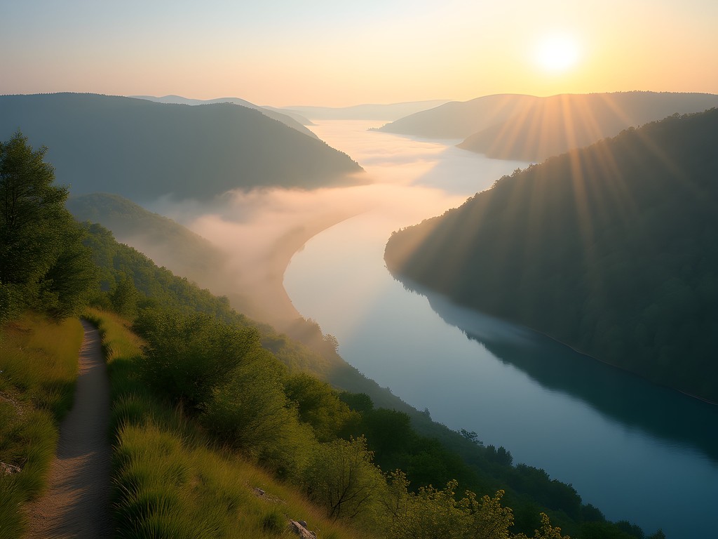 Morning mist over Danube Bend viewed from hiking trail near Visegrad