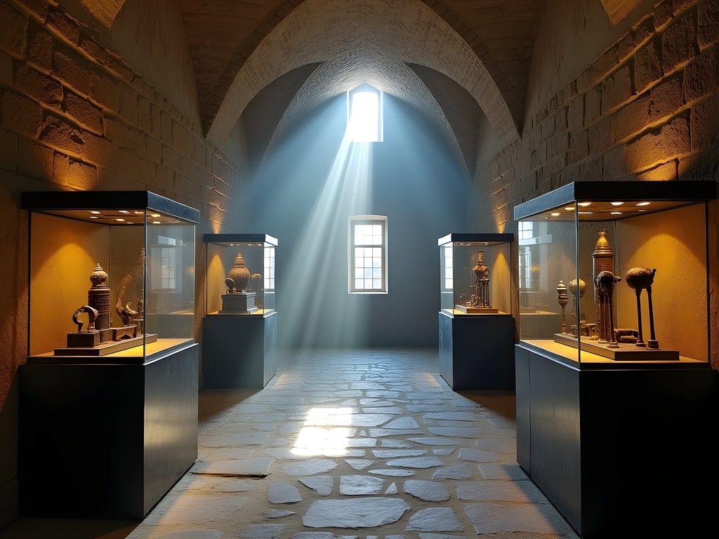 Interior of Solomon Tower in Visegrad with medieval artifacts and light streaming through windows