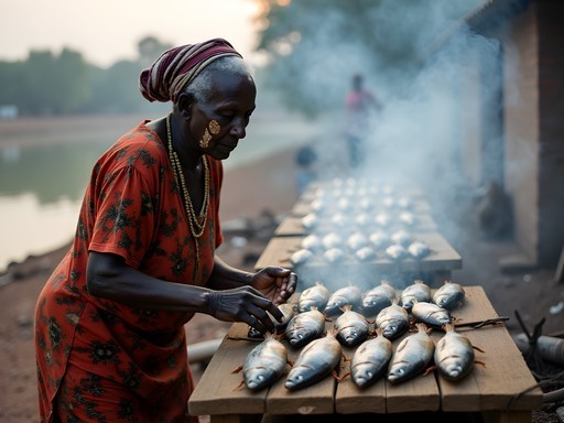Traditional fish smoking techniques using wooden racks along the Niger River in Mopti, Mali