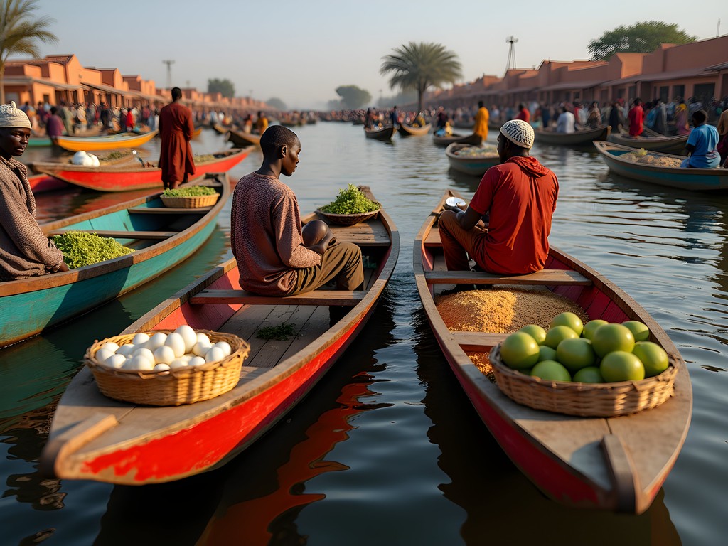 Colorful wooden pinasse boats loaded with goods at the bustling river market in Mopti, Mali