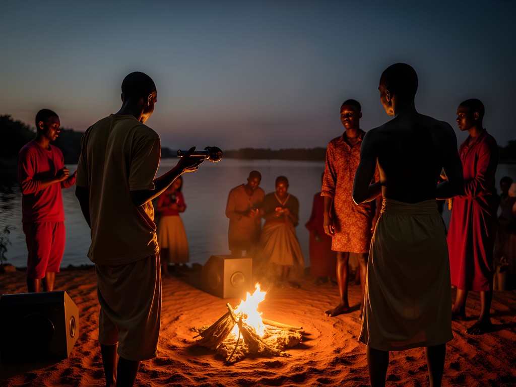 Young Malian musicians performing fusion of traditional river songs with contemporary music styles in Mopti
