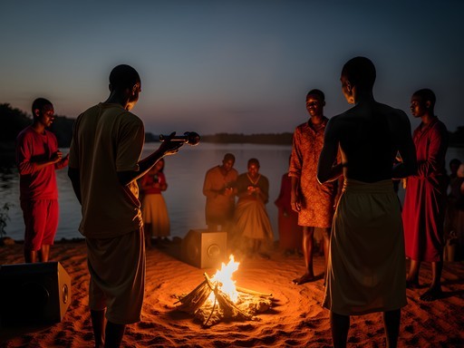 Young Malian musicians performing fusion of traditional river songs with contemporary music styles in Mopti