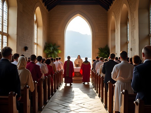 Traditional harvest blessing ceremony at a riverside church in Weissenkirchen, Wachau Valley