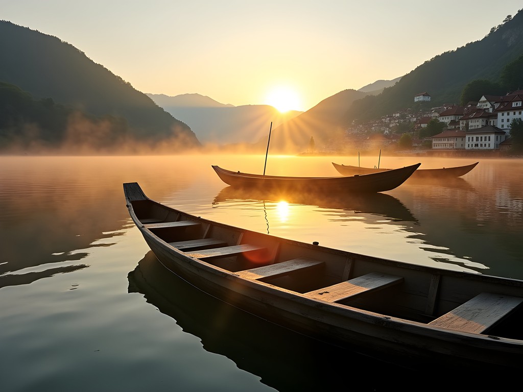 Traditional fishermen preparing boats at sunrise on the Danube River in Austria's Wachau Valley
