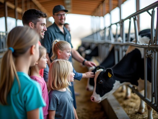 Family participating in a hands-on dairy farm experience at Hansen's Farm