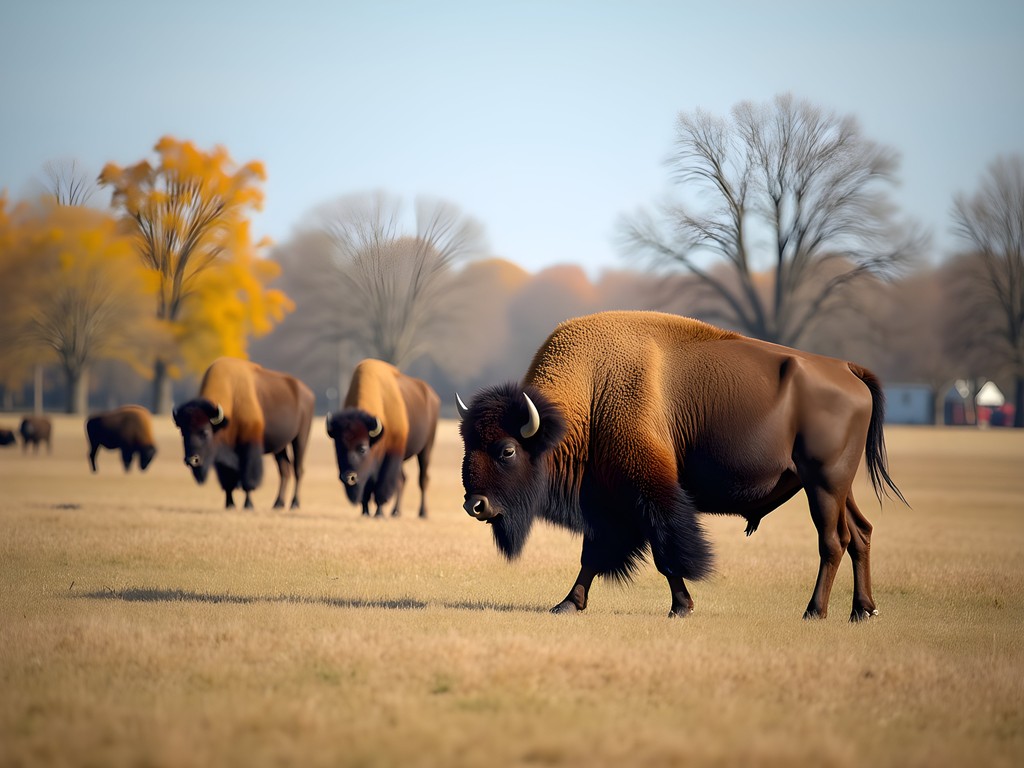 Bison exhibit at Bramble Park Zoo with prairie landscape backdrop in autumn colors