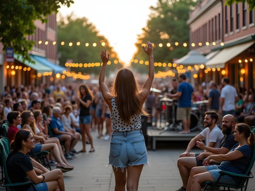 Musicians performing at outdoor stage during Friday Night Live in downtown Waukesha with audience enjoying the music