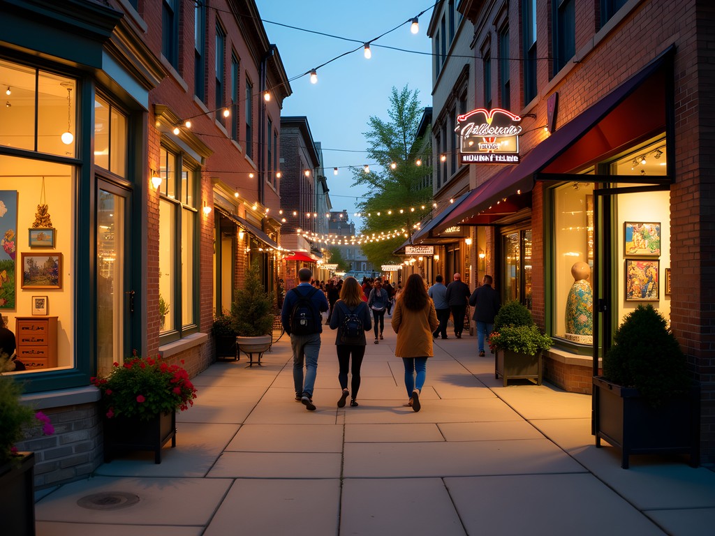 Visitors enjoying Waukesha's downtown Art Crawl with illuminated galleries at dusk