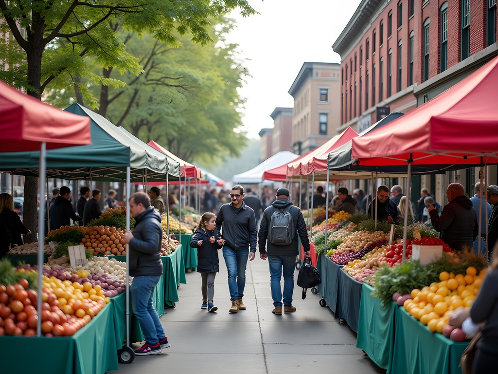 Colorful produce displays at Waukesha Farmers Market with shoppers browsing local goods