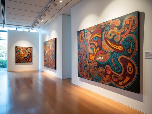 Contemporary Māori artwork in Wellington gallery with traditional motifs in modern style