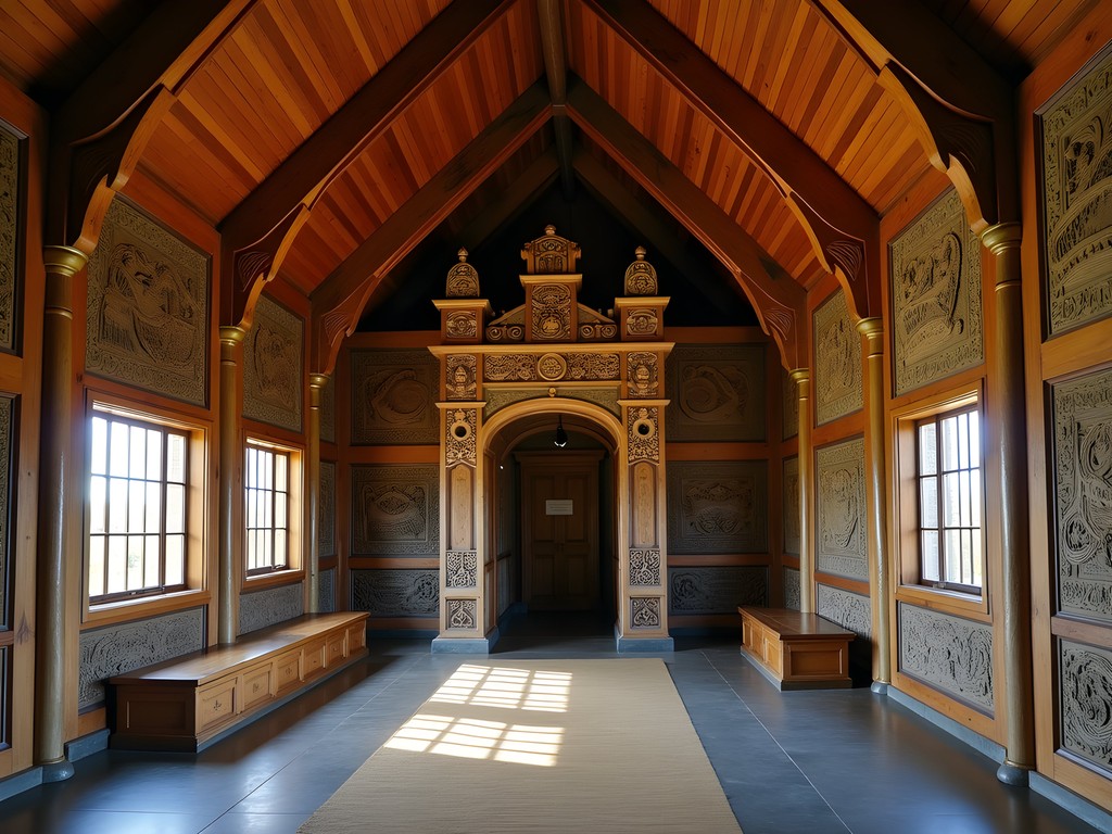 Interior of Te Papa museum's Māori exhibition showing traditional carved meeting house