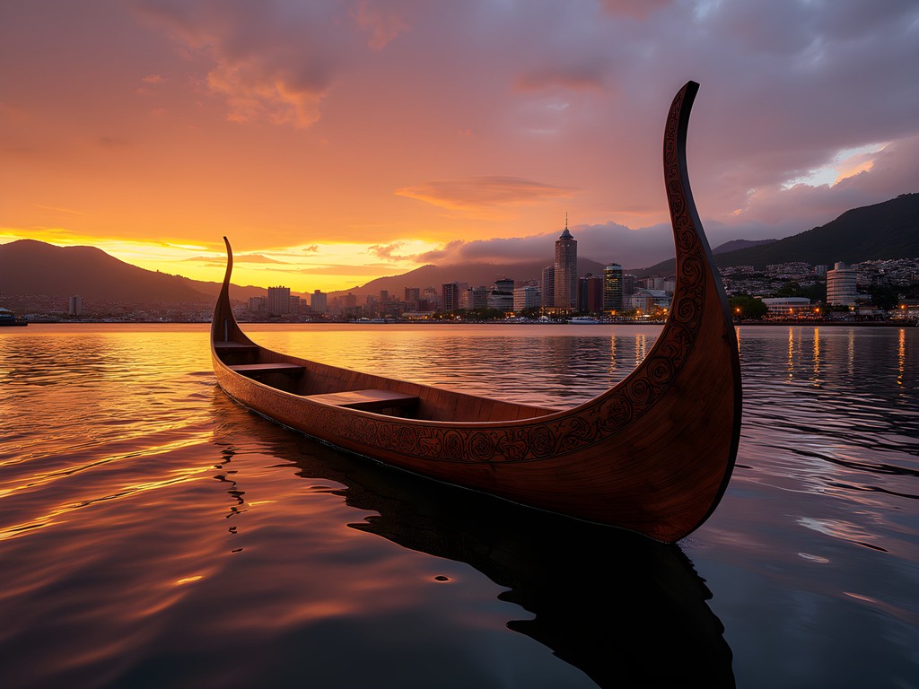 Wellington harbor at sunset with Māori waka canoe and city lights