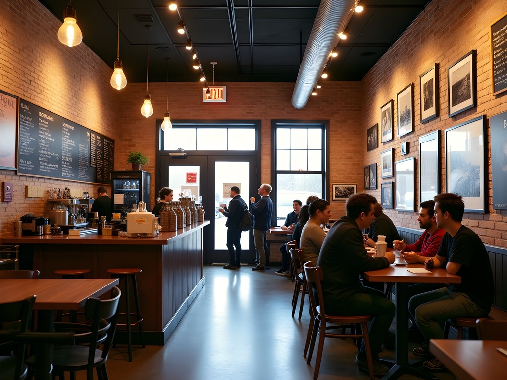The Pit Stop cafe interior with diverse local patrons and art photography on walls