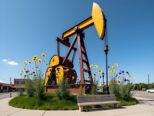 Prairie Bloom sculpture in Williston made from repurposed oil field equipment painted in vibrant colors