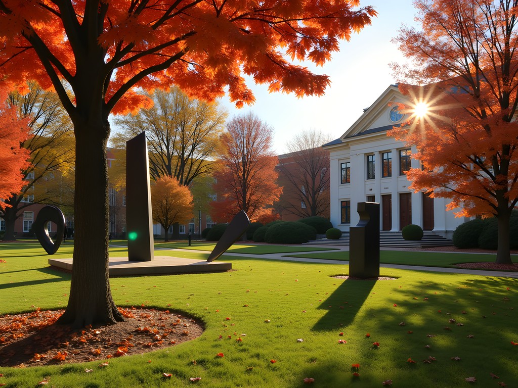 Delaware Art Museum sculpture garden with contemporary installations among fall foliage