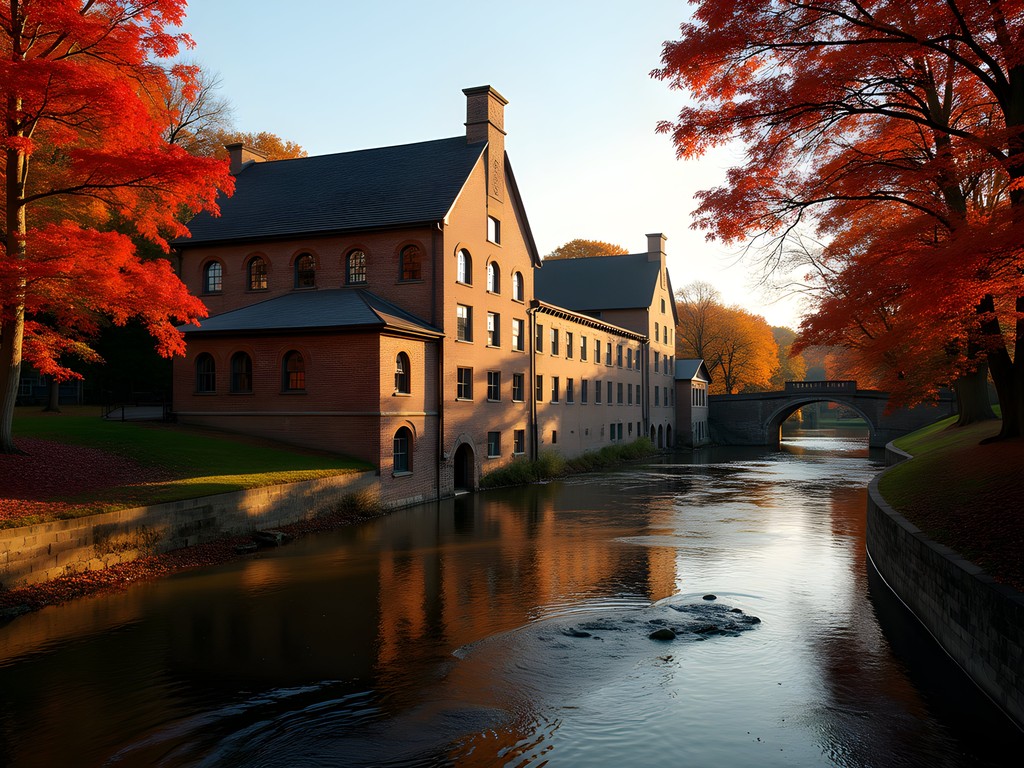 Historic stone buildings of Hagley Museum surrounded by fall foliage along Brandywine River