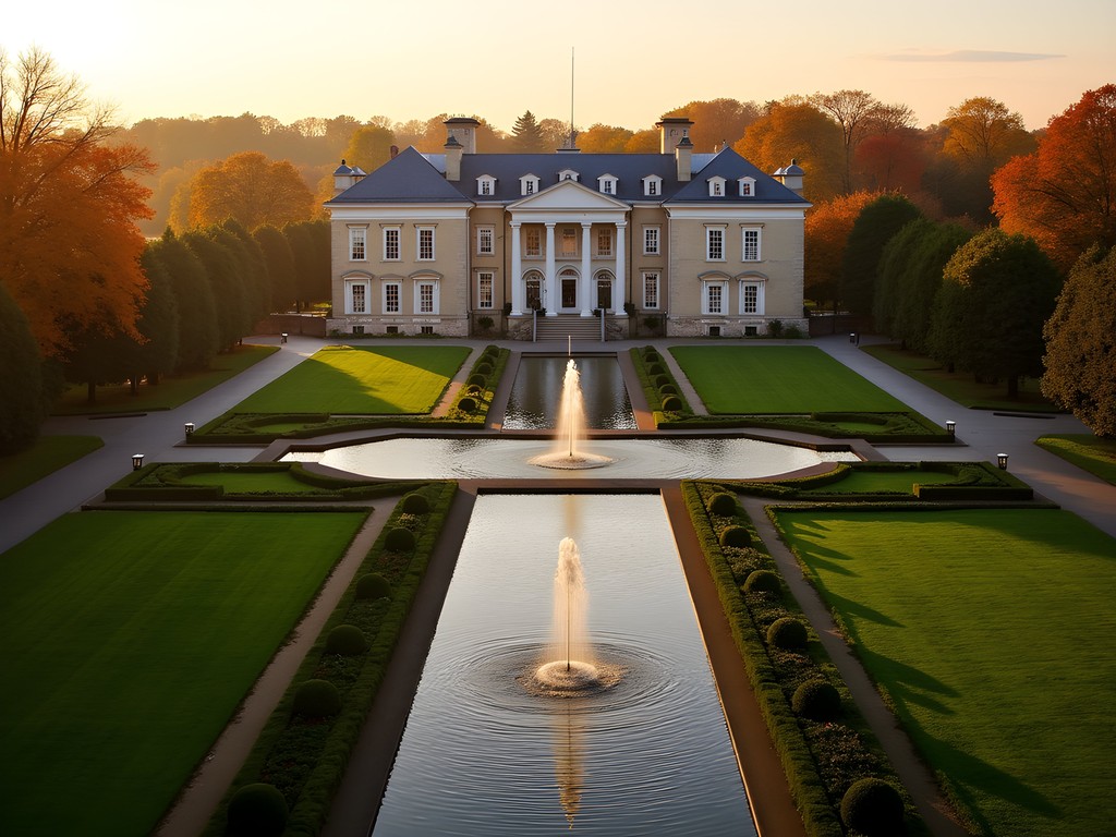Formal French gardens of Nemours Estate with mansion in background during fall season