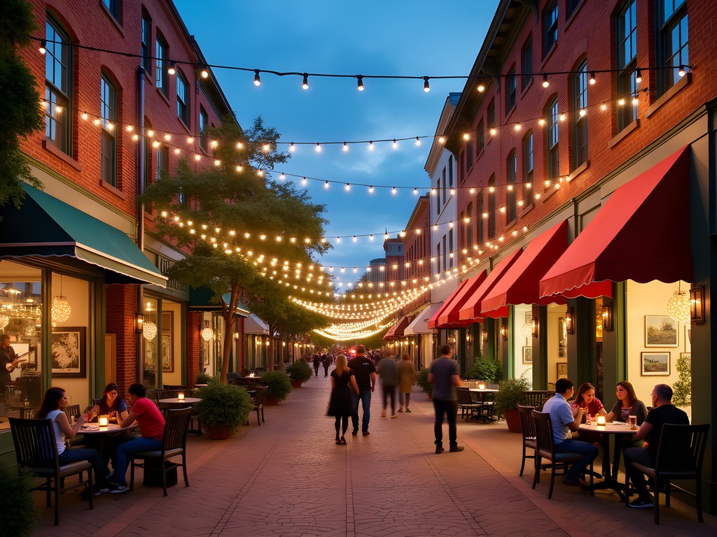 Evening street scene in Winston-Salem Arts District with illuminated galleries and people dining outdoors