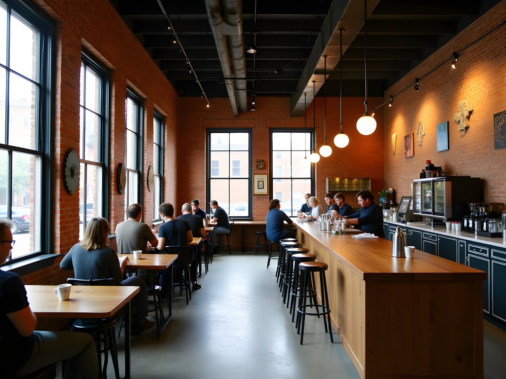 Interior of Krankies Coffee in Winston-Salem showing industrial architecture and customers