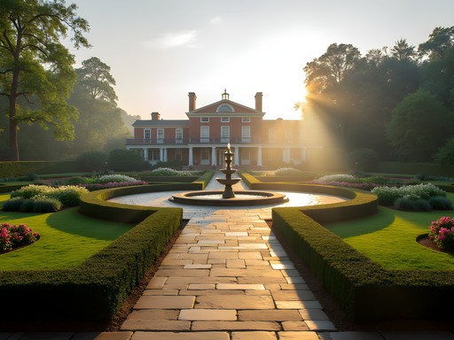 Formal gardens at Reynolda House with historic mansion visible in background