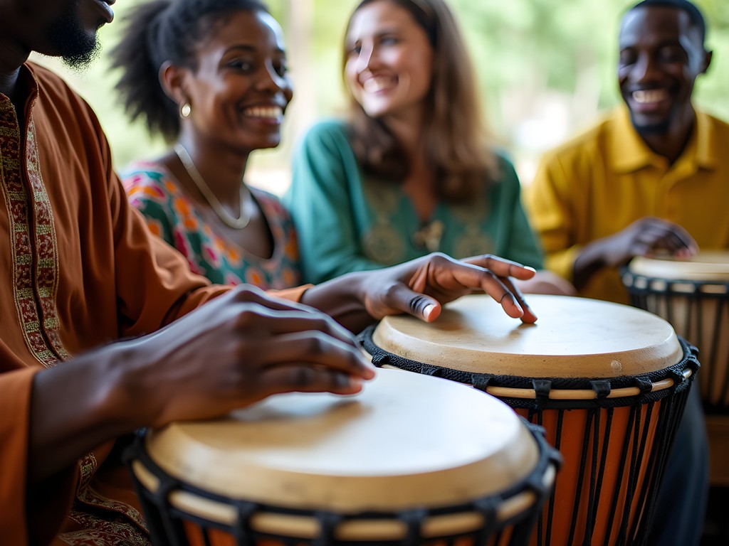 Family participating in traditional drumming lesson with local master drummer in Yamoussoukro