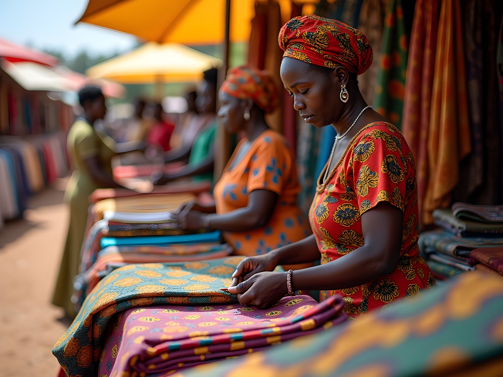 Colorful textile displays at Yamoussoukro's Grand Marché with local vendors and customers