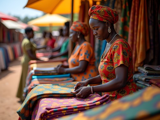 Colorful textile displays at Yamoussoukro's Grand Marché with local vendors and customers