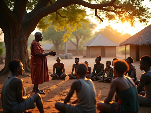 Traditional storytelling circle in Assabou village near Yamoussoukro with elders and children gathered under a kapok tree