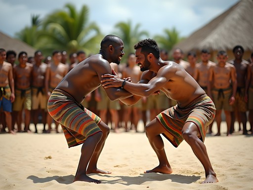 Traditional Nauruan angam wrestling demonstration with community members watching