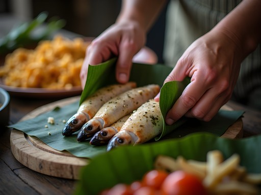 Nauruan family preparing traditional etangat feast with fish wrapped in banana leaves