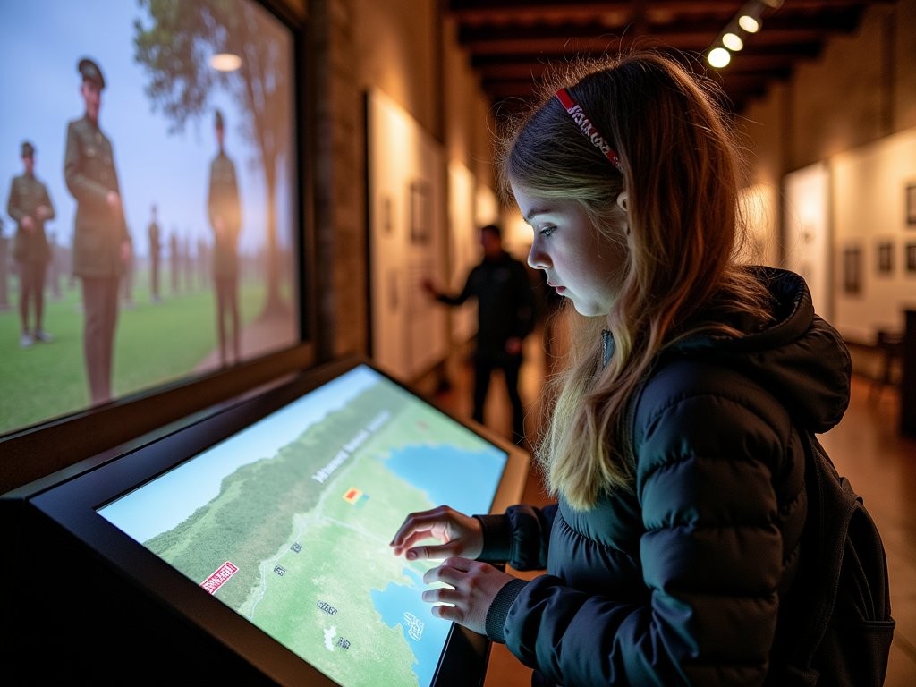 Student engaging with interactive exhibit at In Flanders Fields Museum in Ypres