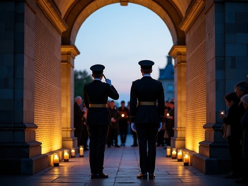 Buglers performing the Last Post ceremony under the Menin Gate Memorial in Ypres at dusk