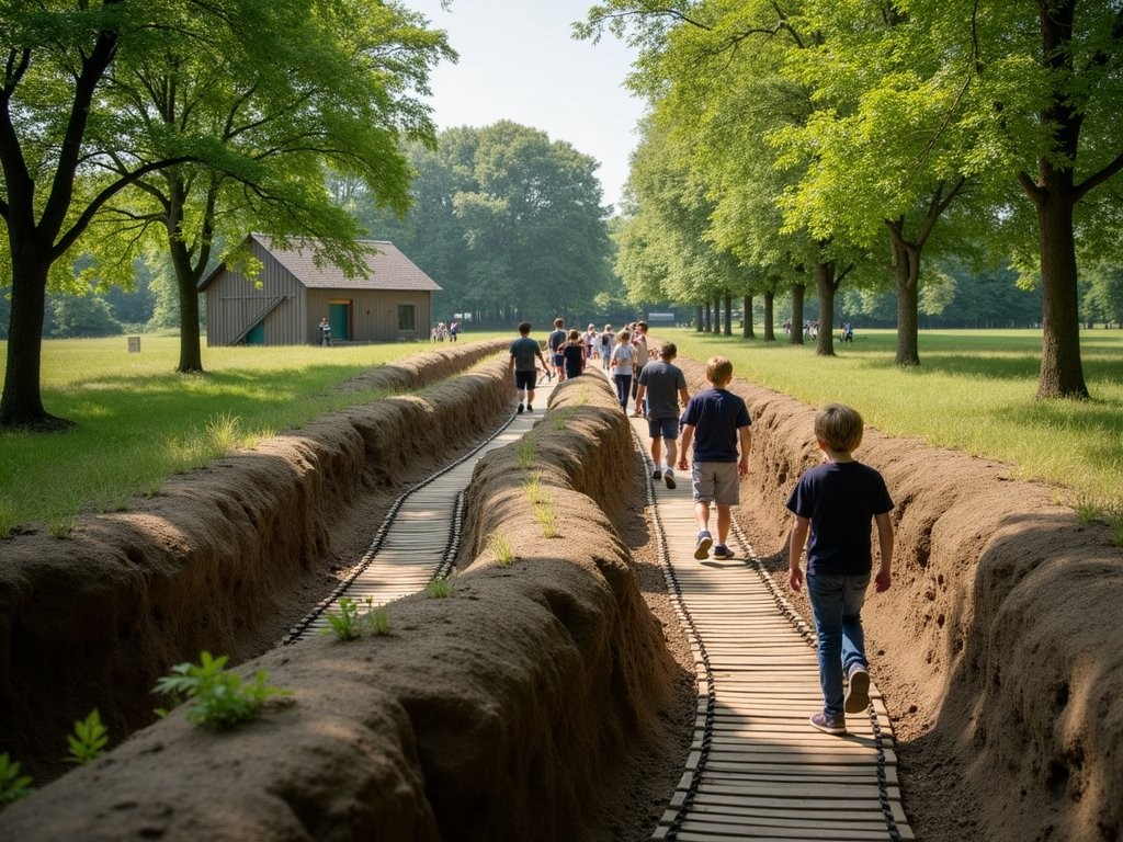 Students exploring preserved WWI trenches at Sanctuary Wood near Ypres