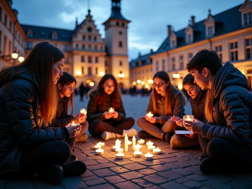 Students participating in evening reflection activity in Ypres' Grote Markt