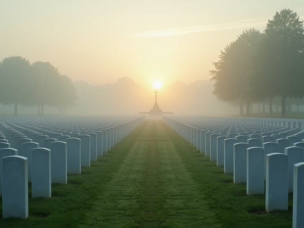 Rows of white headstones at Tyne Cot Cemetery on a misty summer morning in Flanders