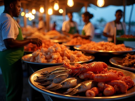 Colorful seafood display at Forodhani Gardens night market in Stone Town