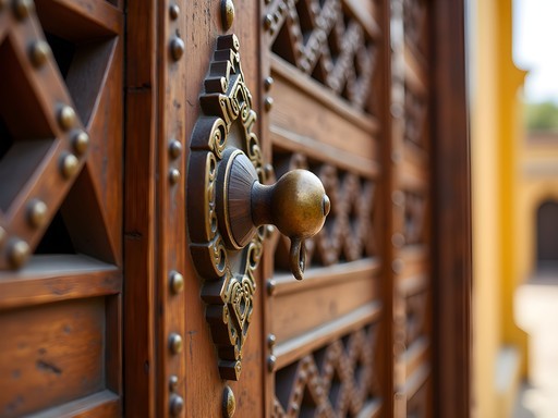 Intricately carved traditional Zanzibari wooden door with brass studs