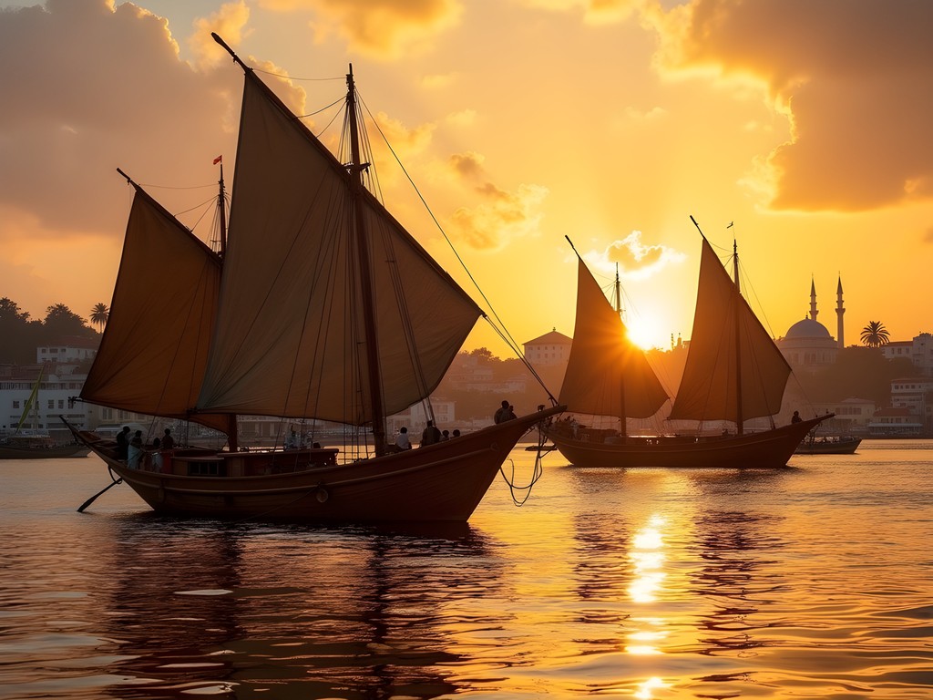 Traditional wooden dhows in Zanzibar harbor at sunset with Stone Town skyline