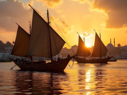 Traditional wooden dhows in Zanzibar harbor at sunset with Stone Town skyline