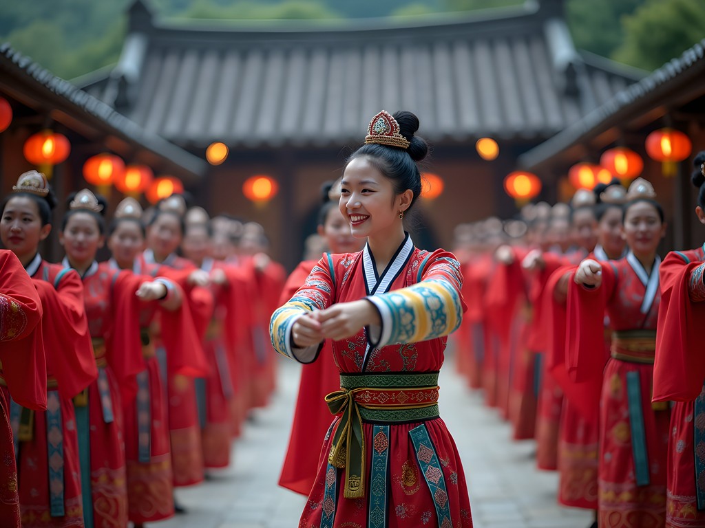 Traditional Tujia Baishou Dance performance in village square with colorful costumes
