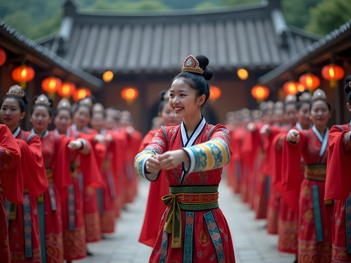 Traditional Tujia Baishou Dance performance in village square with colorful costumes