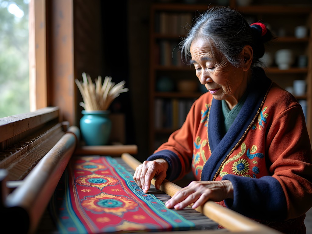 Elderly Tujia woman demonstrating traditional brocade weaving techniques on wooden loom