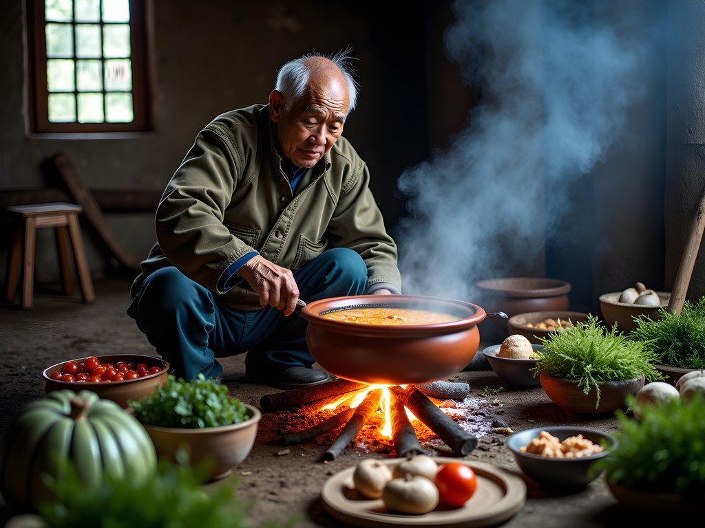 Traditional Tujia meal being prepared over wood fire with clay pots in rural kitchen